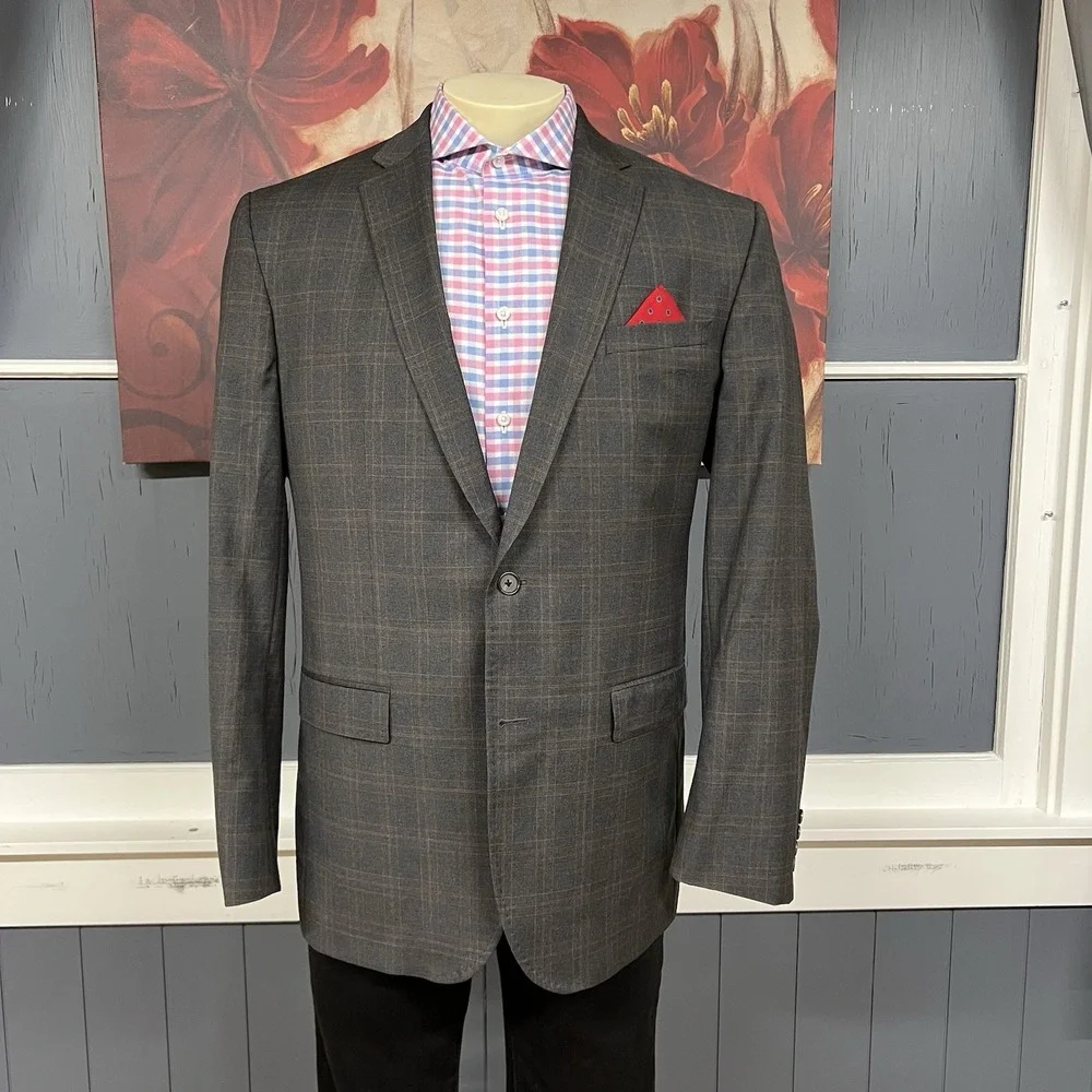 Ted Baker Suit 2Pc Set Mens 44L Long Wool Pants 37x31‎ Taper Gray/Brown Plaid